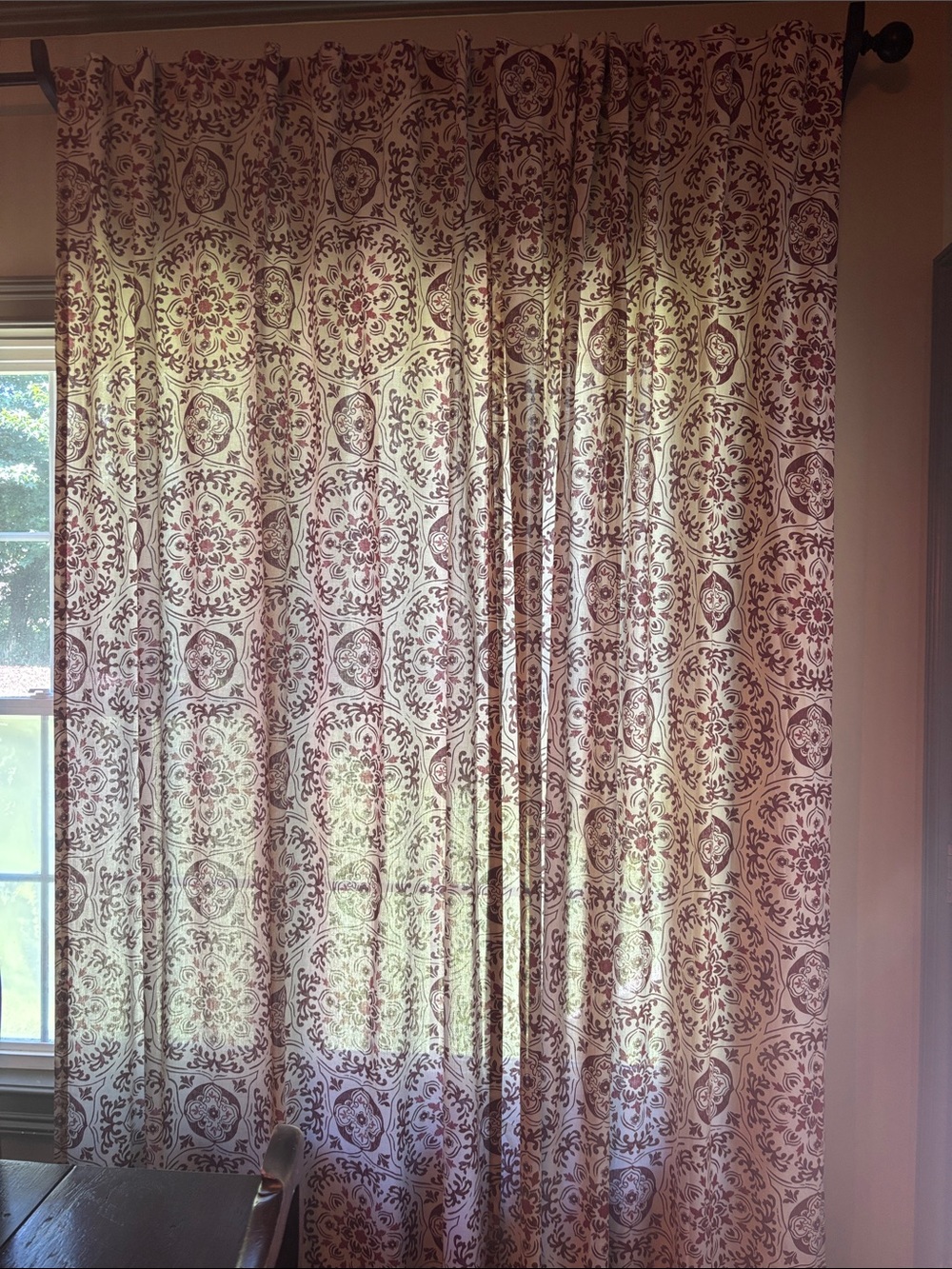 Classic Medallion Semi-Sheer Curtain Panel in Burgundy and Cream - (4) 54x96
